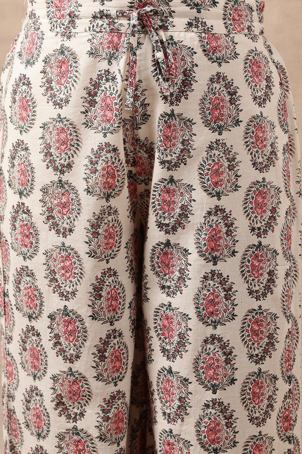 White Hand Block Buti Print Parallel Pants