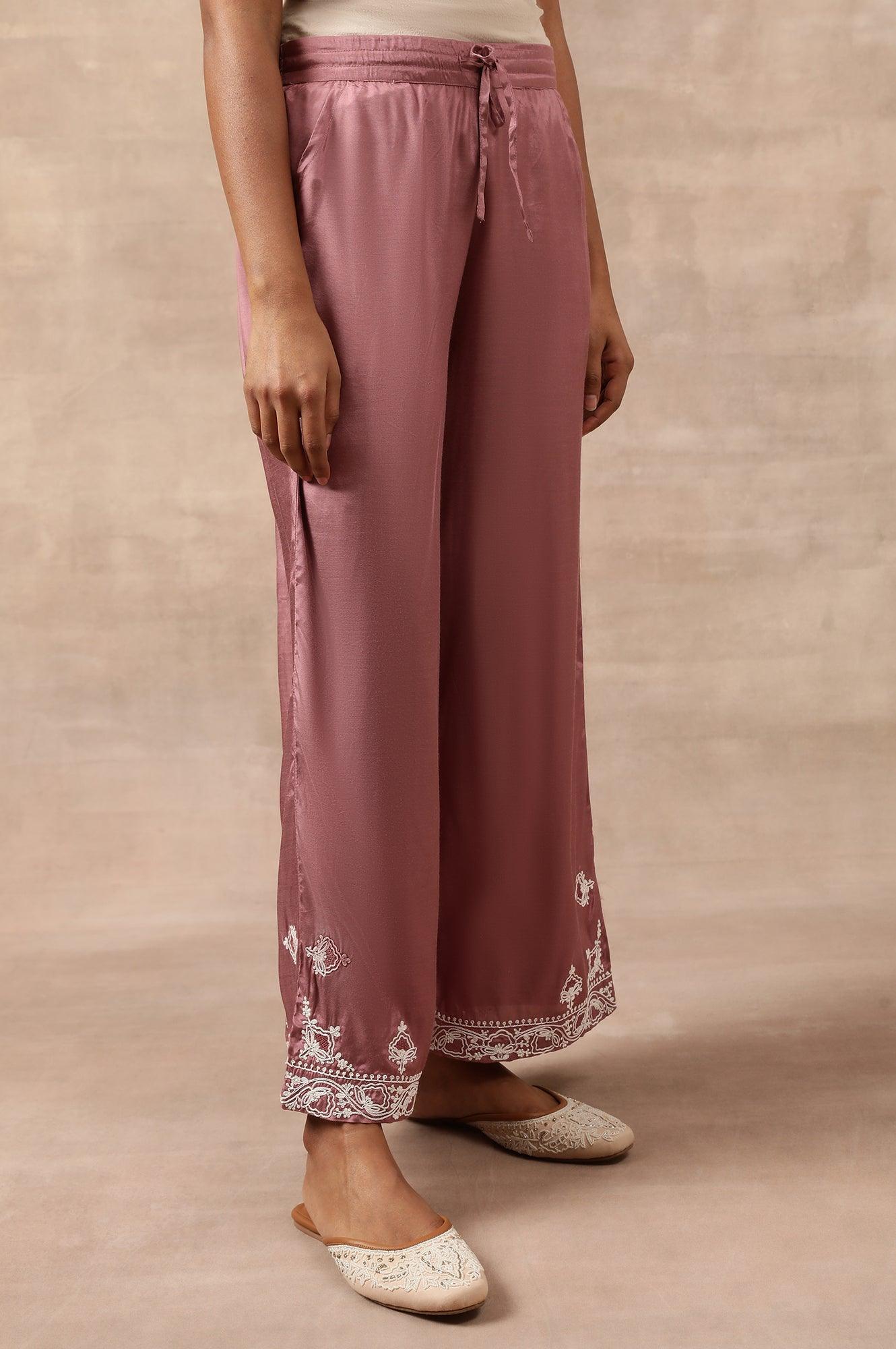 Pink Parallel Pants With Dori Embroidery At Hem - wforwoman
