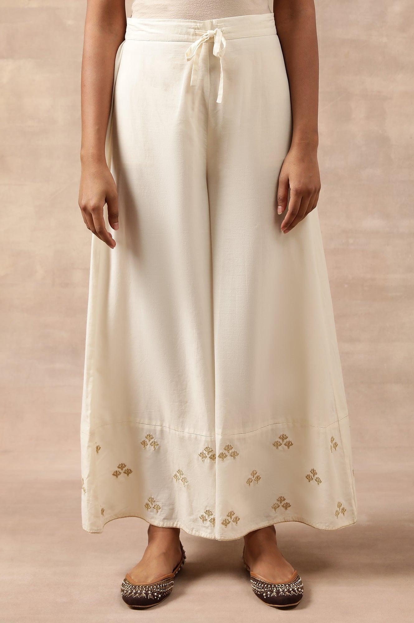 Ecru Solid Flared Pants - wforwoman