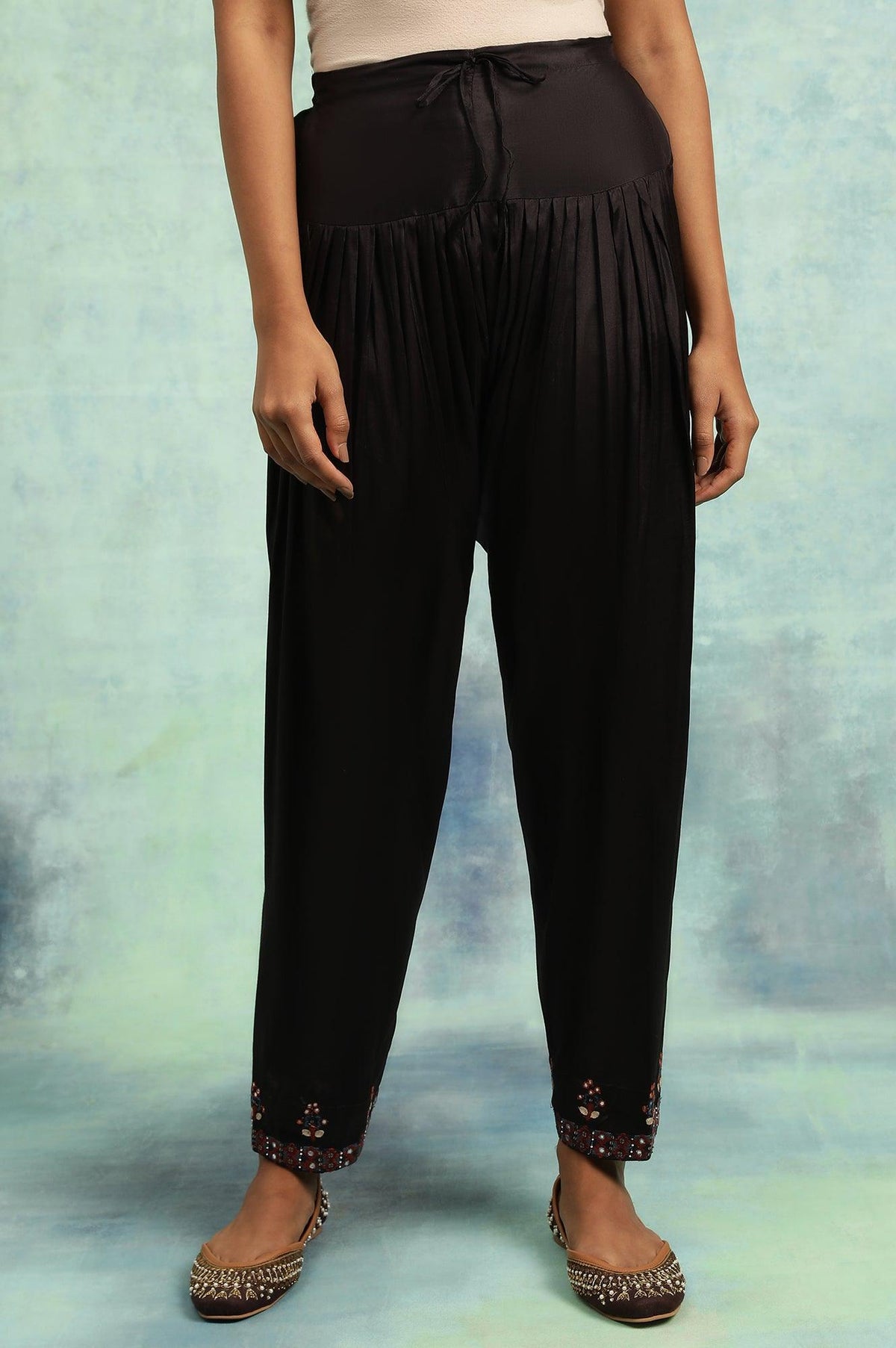 Cofee Brown Solid Salwar With Mirror Work Embroidery At Hem - S