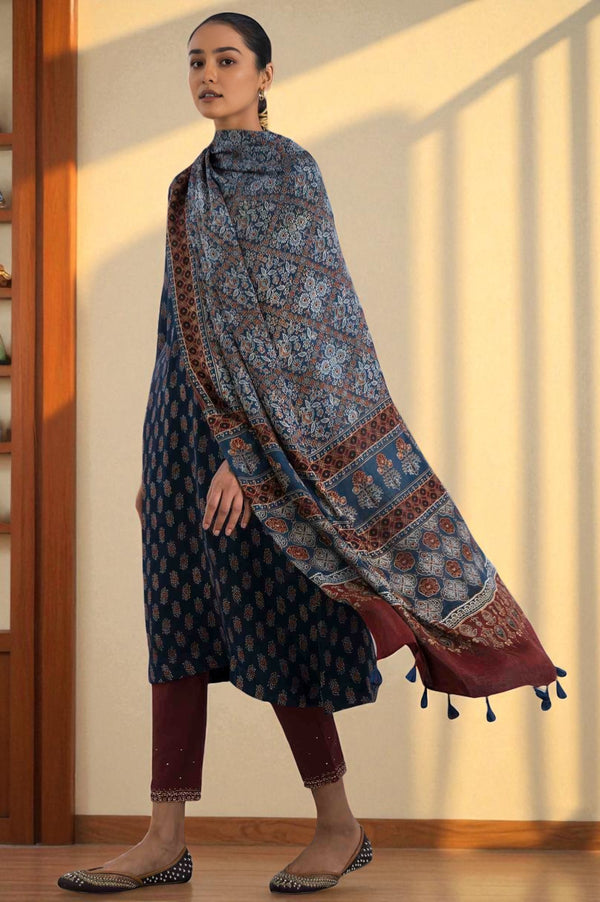 Red And Blue Ajrakh Printed Drape