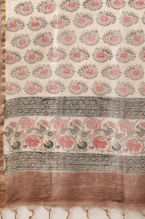 Ecru Multicoloured Printed Cotton Silk Drape