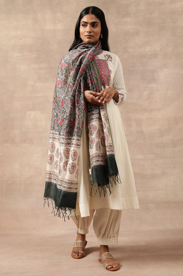 Green Multicoloured Printed Cotton Silk Drape