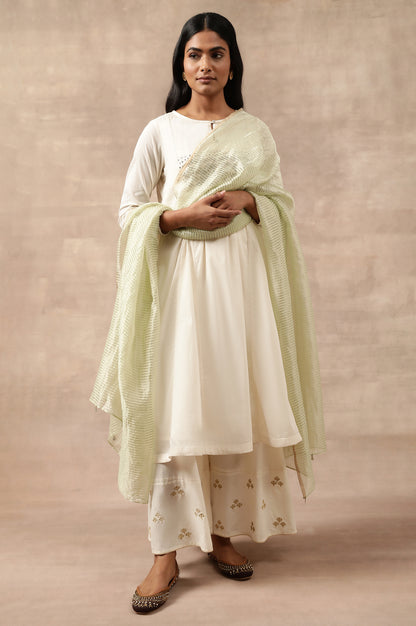 Green Striped Woven Gold Borders Silk Dupatta