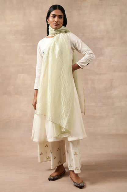 Green Striped Woven Gold Borders Silk Dupatta