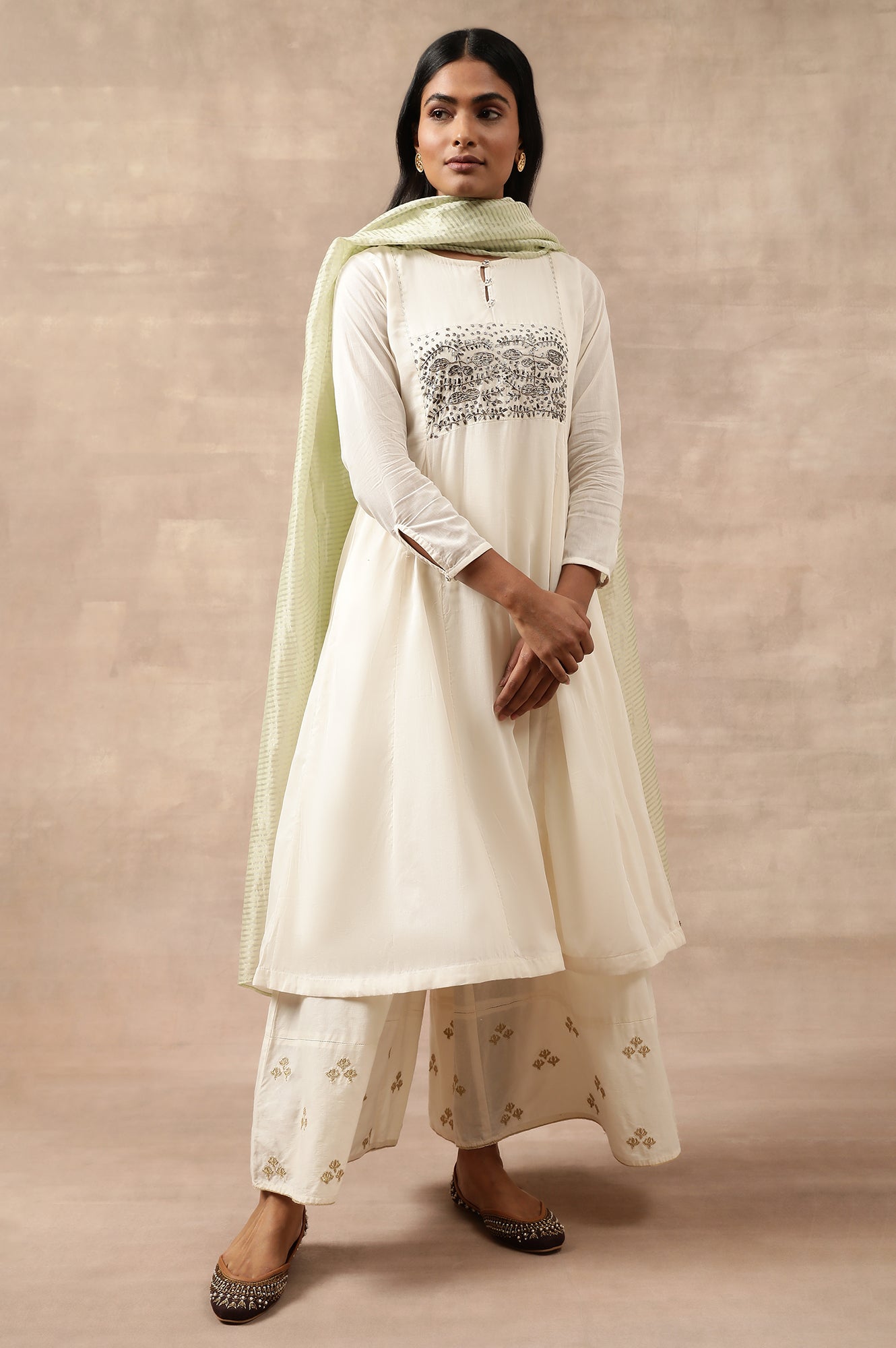 Green Striped Woven Gold Borders Silk Dupatta