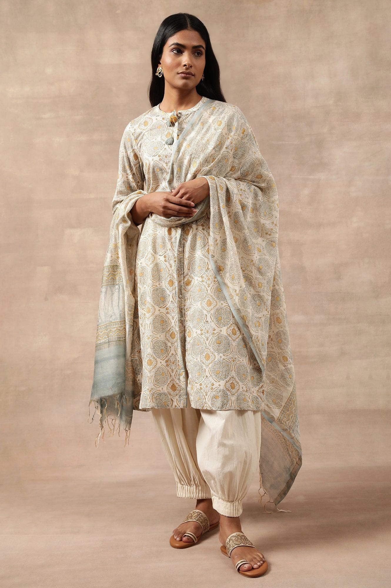 Ecru Printed Cotton Silk Drape - wforwoman
