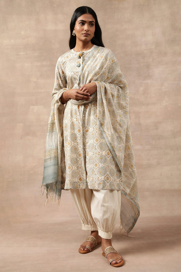 Ecru Printed Cotton Silk Drape