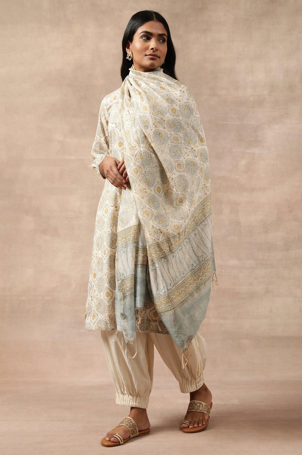 Ecru Printed Cotton Silk Drape