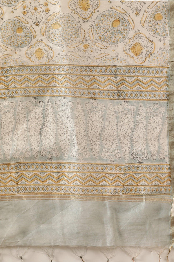 Ecru Printed Cotton Silk Drape