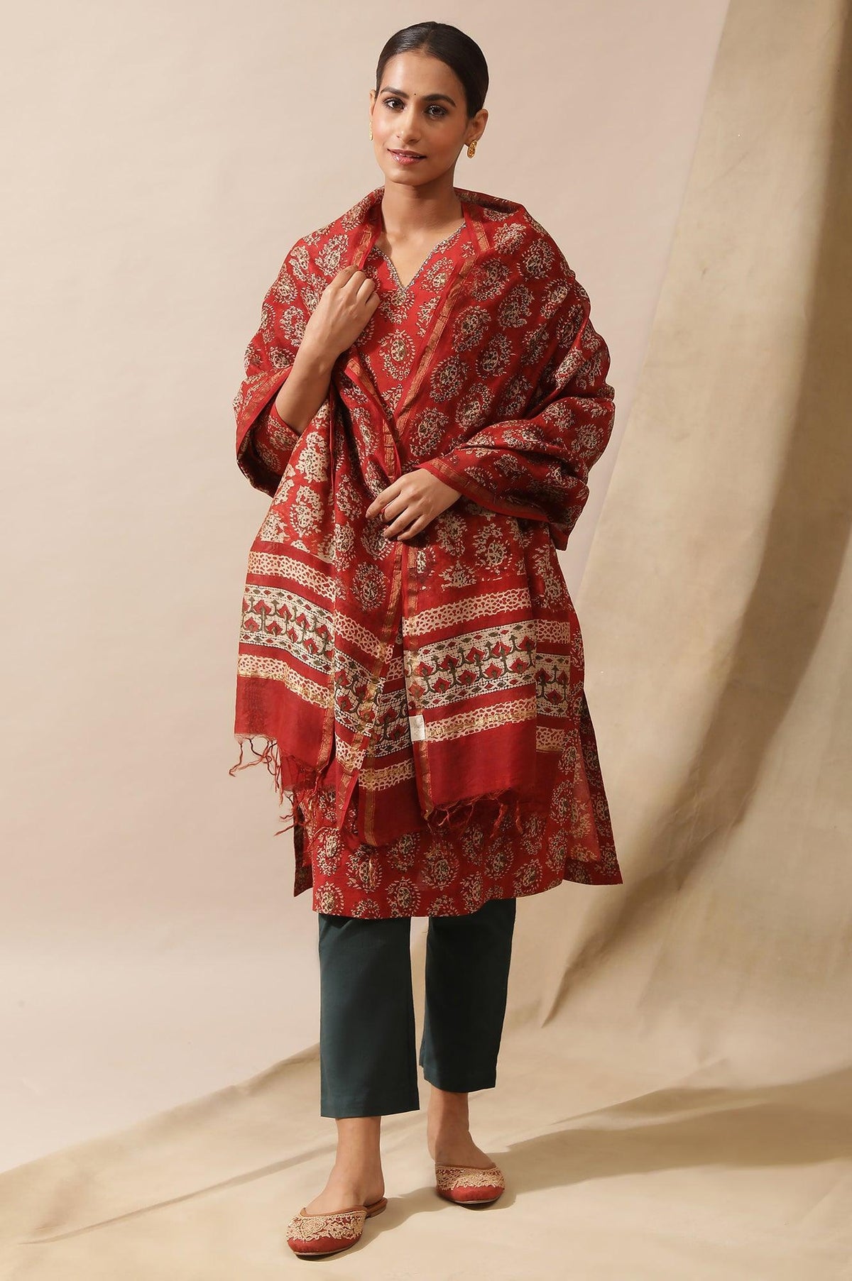 Red Printed Cotton Silk Drape - FS