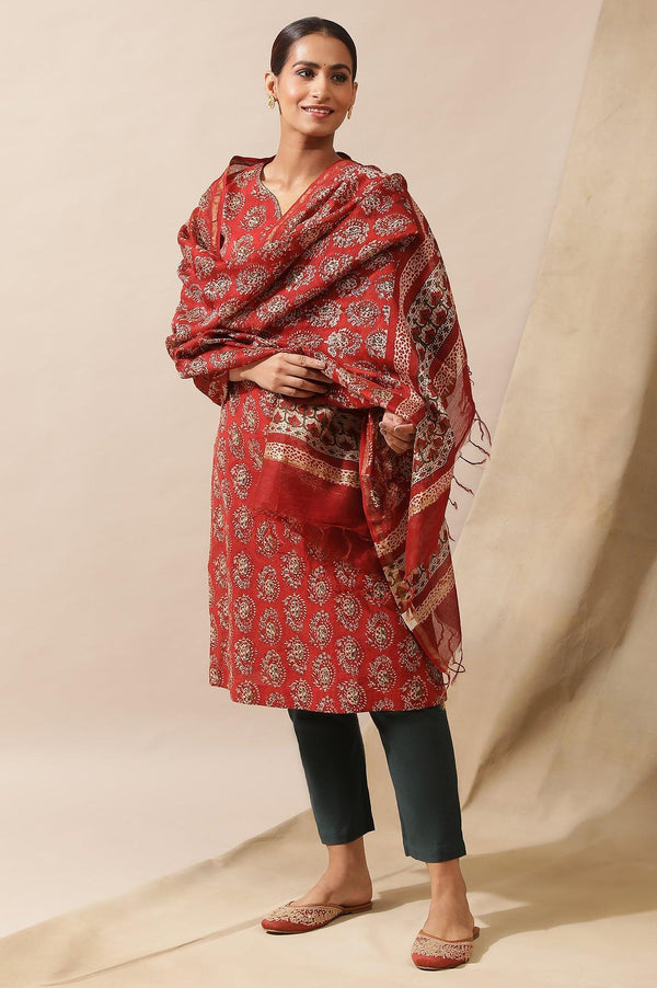 Red Printed Cotton Silk Drape