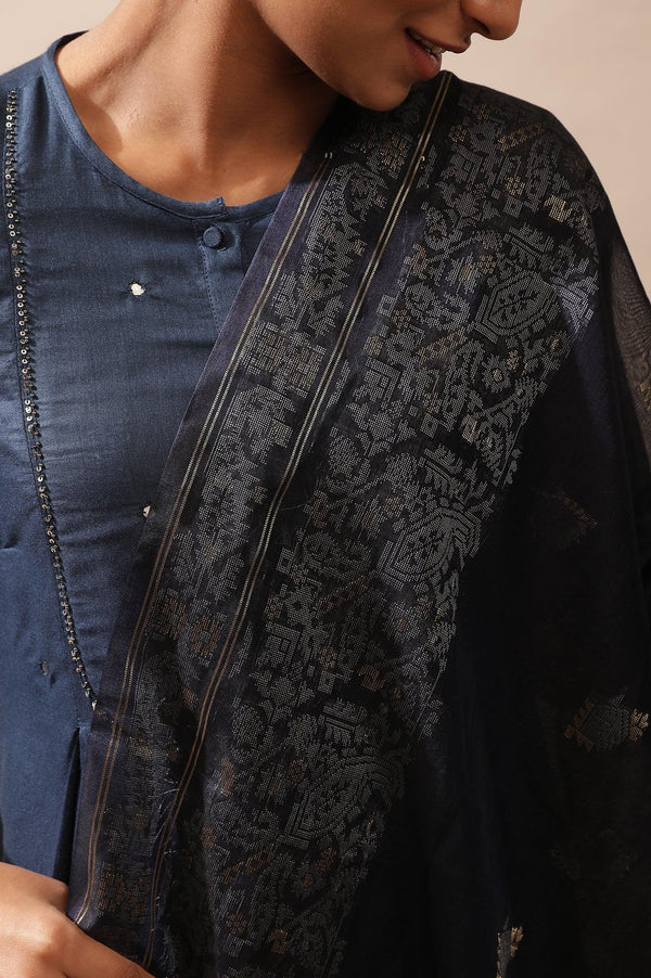 Blue Cotton Silk Jacquard Drape