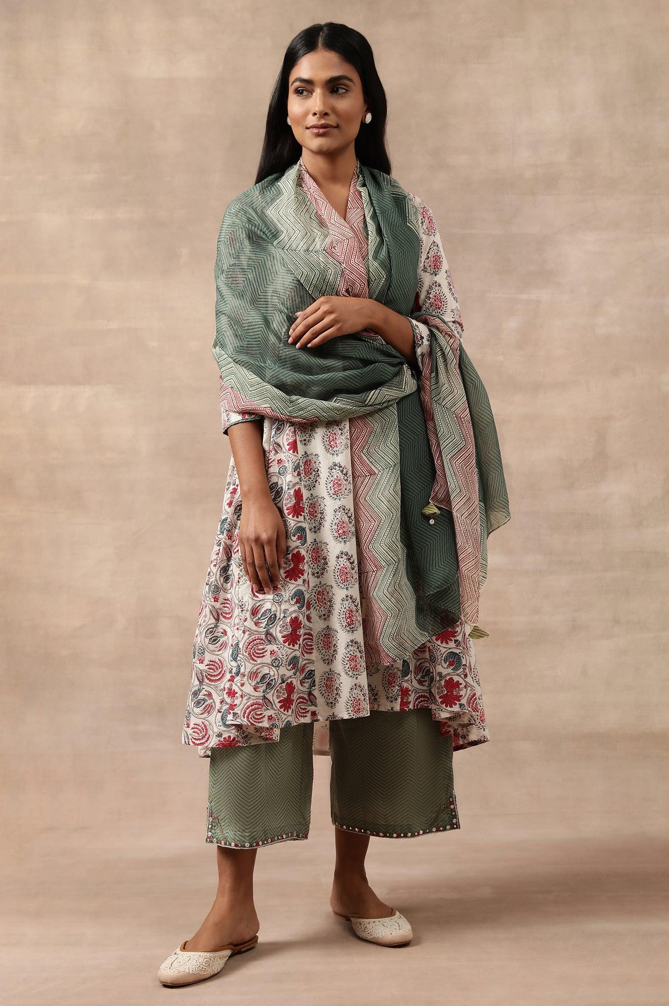 Green Printed Organza Drape - wforwoman