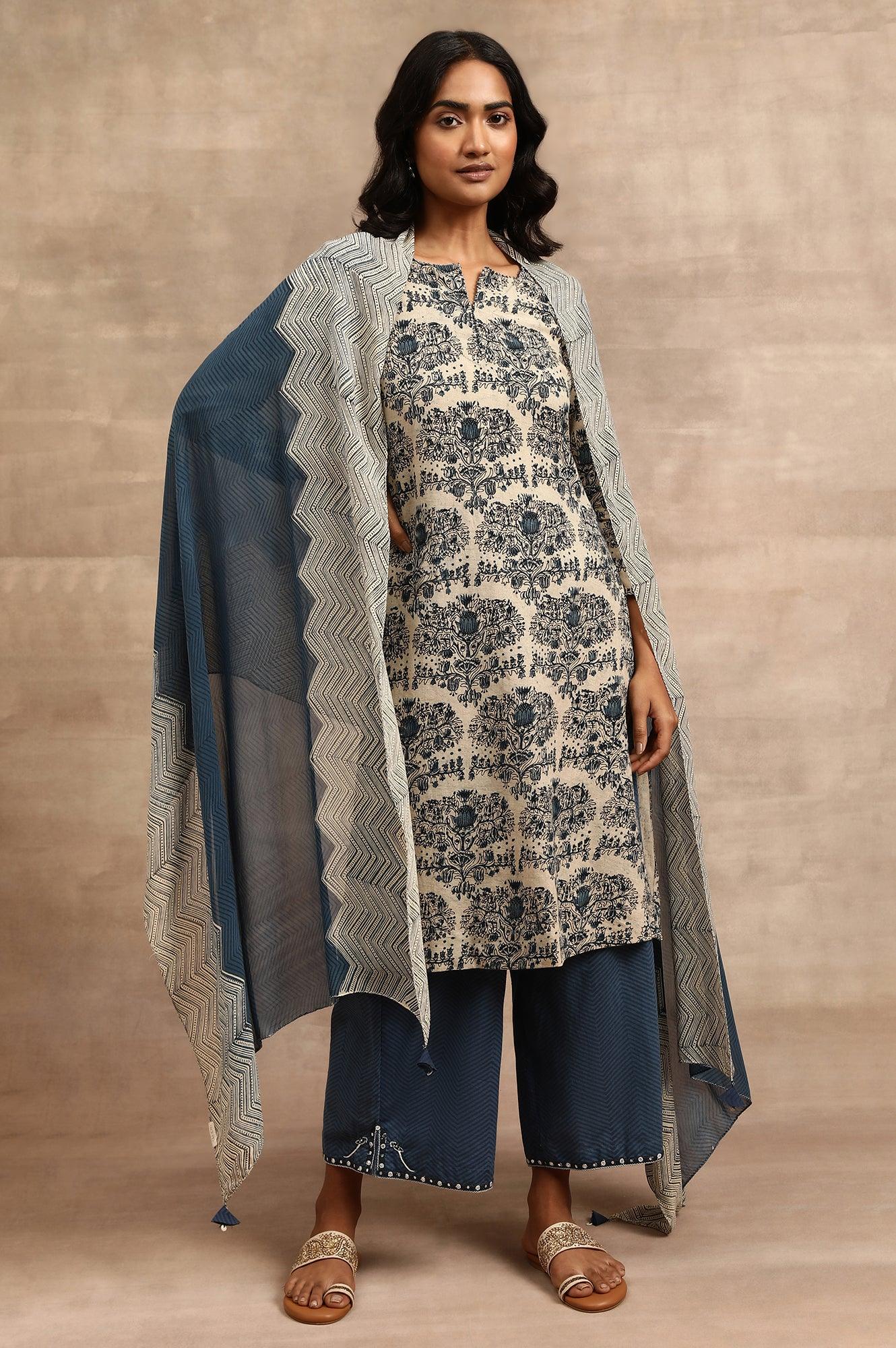 Indigo Printed Georgette Drape - wforwoman