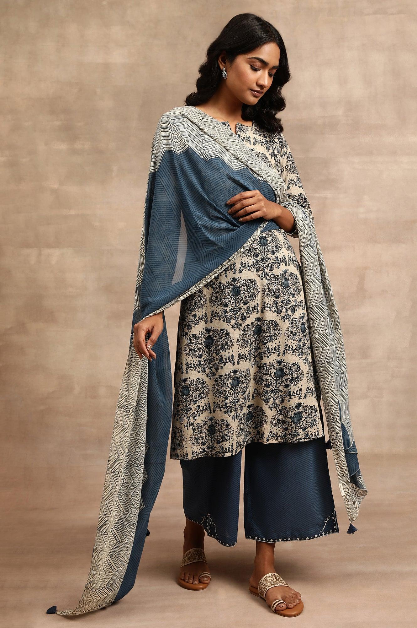 Indigo Printed Georgette Drape - wforwoman