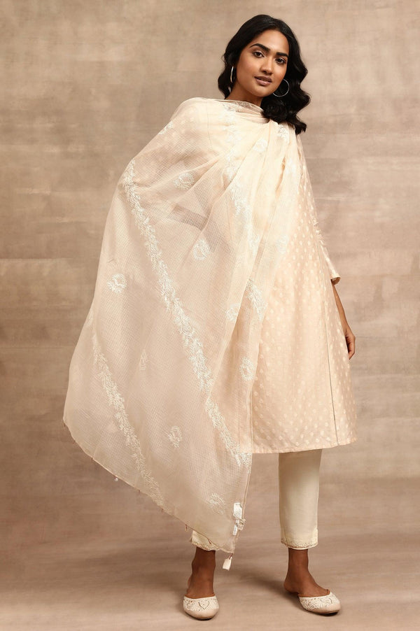 Beige Tepchi Embroidered Kota Drape