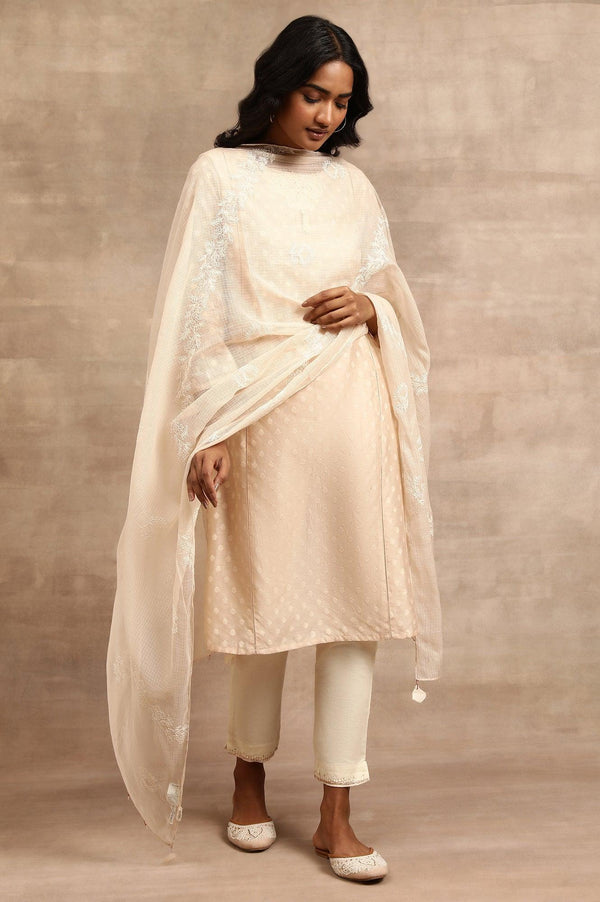 Beige Tepchi Embroidered Kota Drape