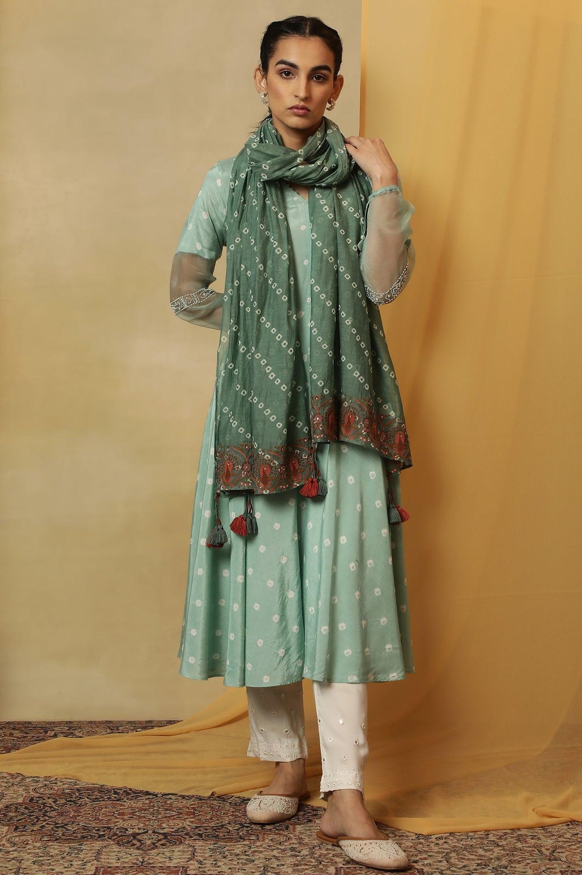 Green Printed Drape With Multicolored Embroidery - FS