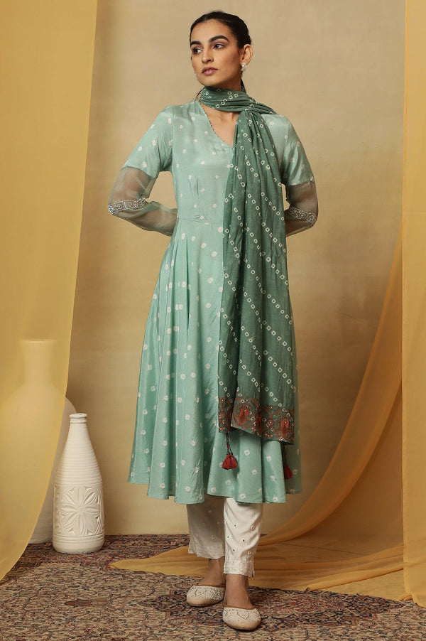 Green Printed Drape With Multicolored Embroidery