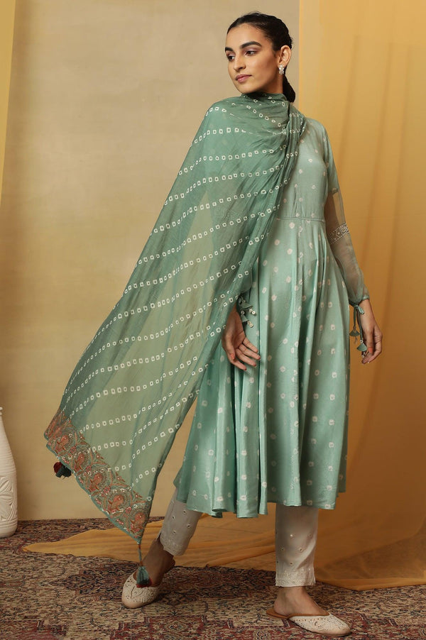 Green Printed Drape With Multicolored Embroidery