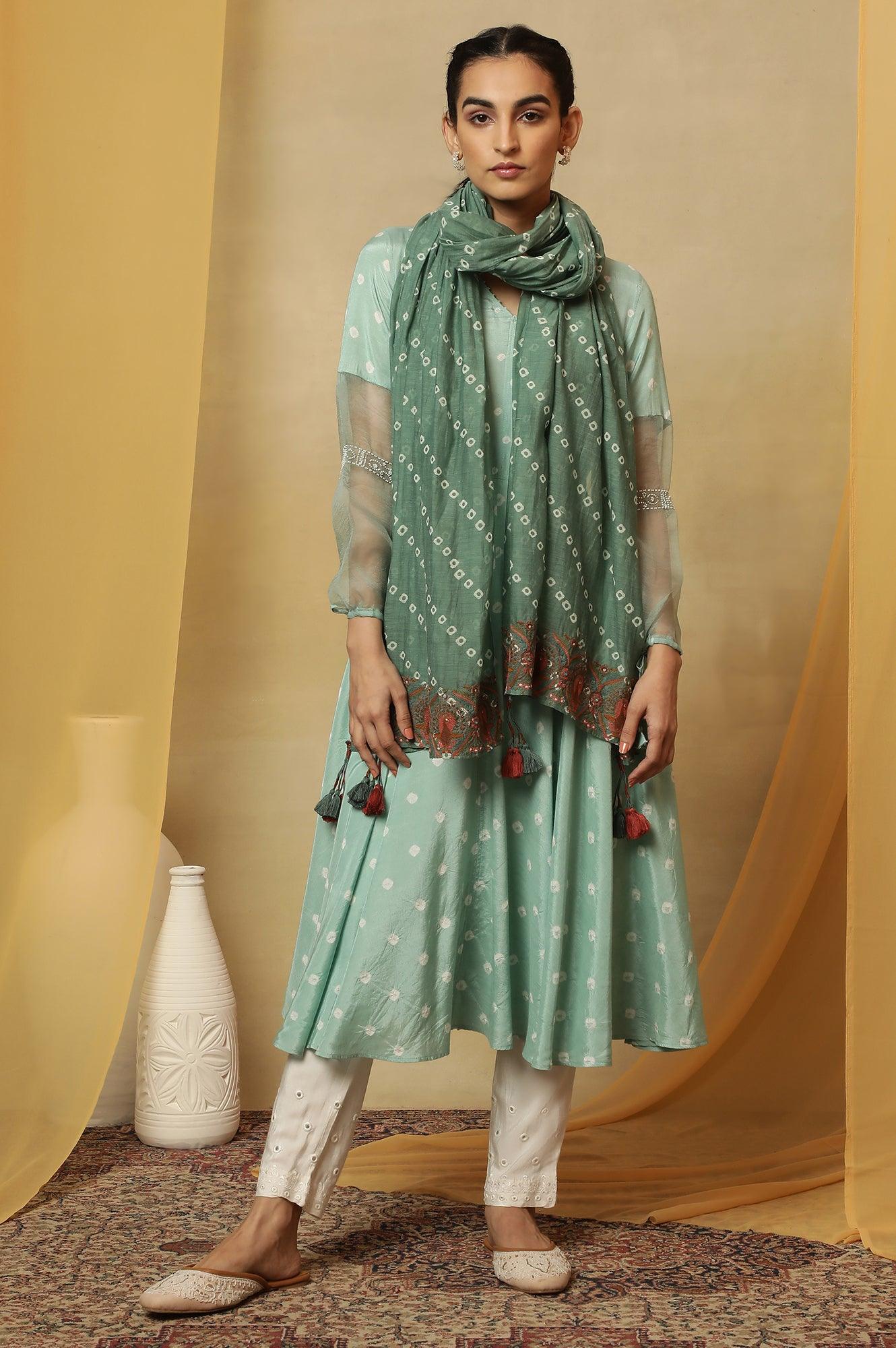 Green Printed Drape With Multicolored Embroidery - wforwoman
