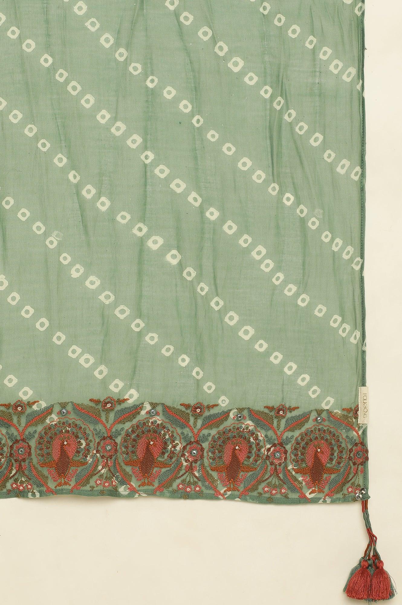 Green Printed Drape With Multicolored Embroidery - wforwoman