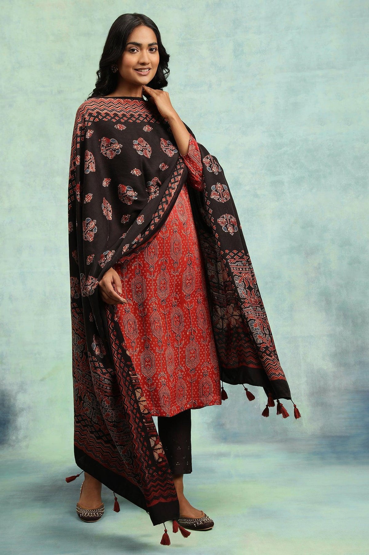 Espresso Ajrakh Drape In Lustrous Satin - FS