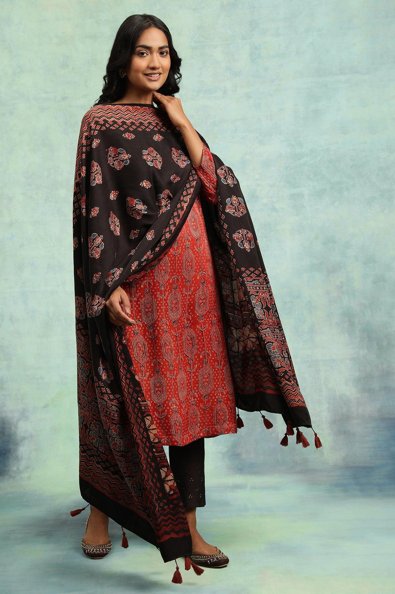 Espresso Ajrakh Drape In Lustrous Satin - wforwoman