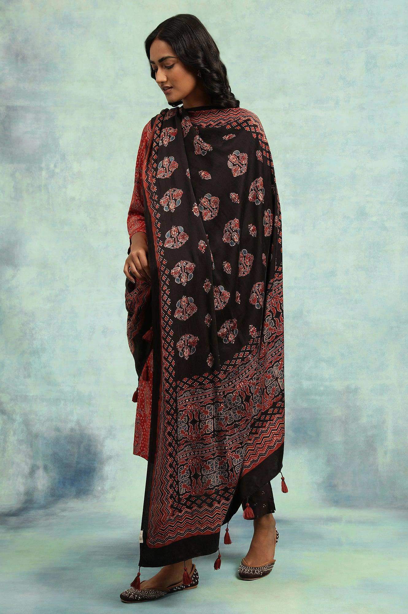 Espresso Ajrakh Drape In Lustrous Satin - wforwoman