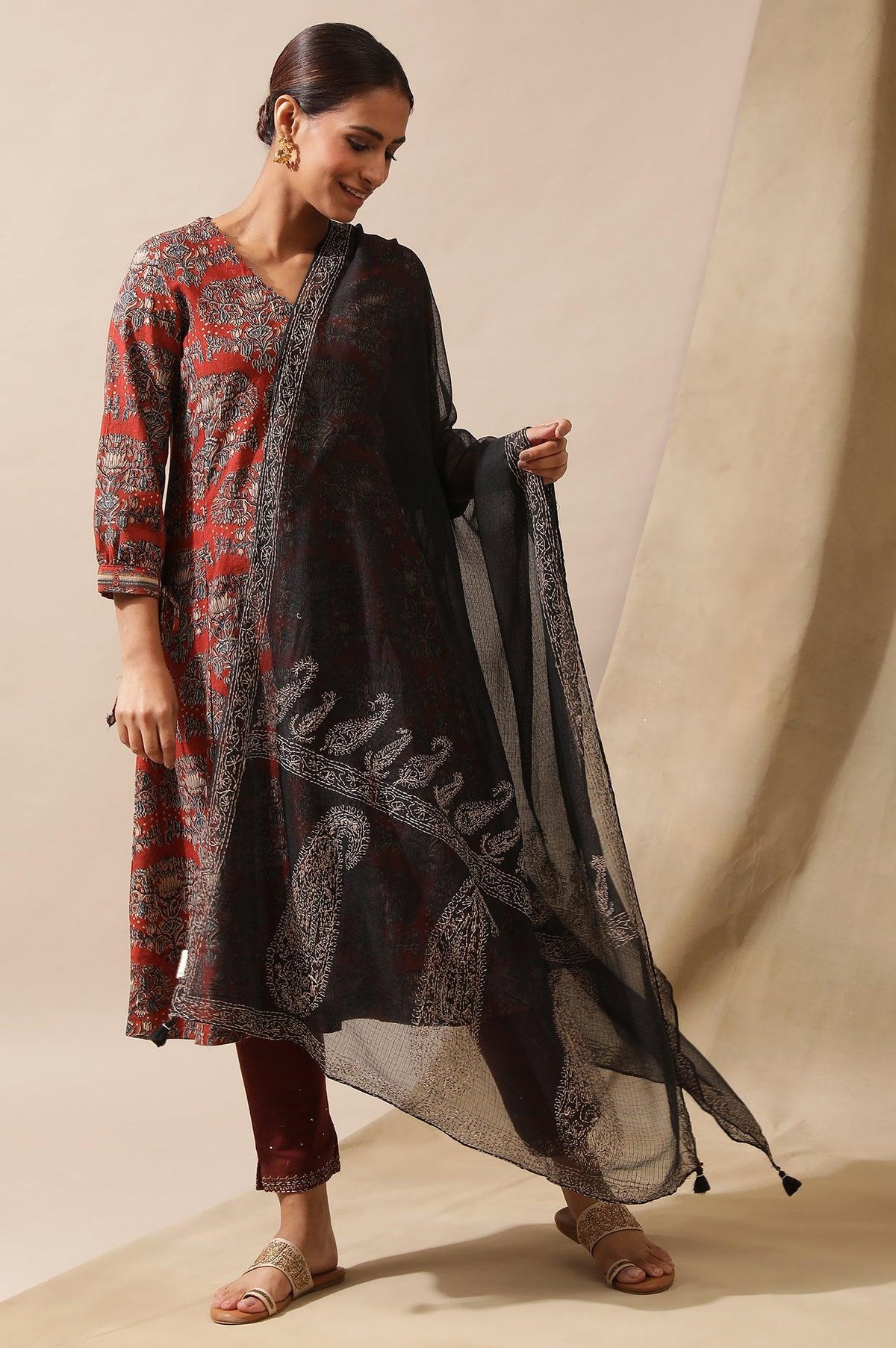 Jet Black Tepchi Embroidered Kota Drape - FS