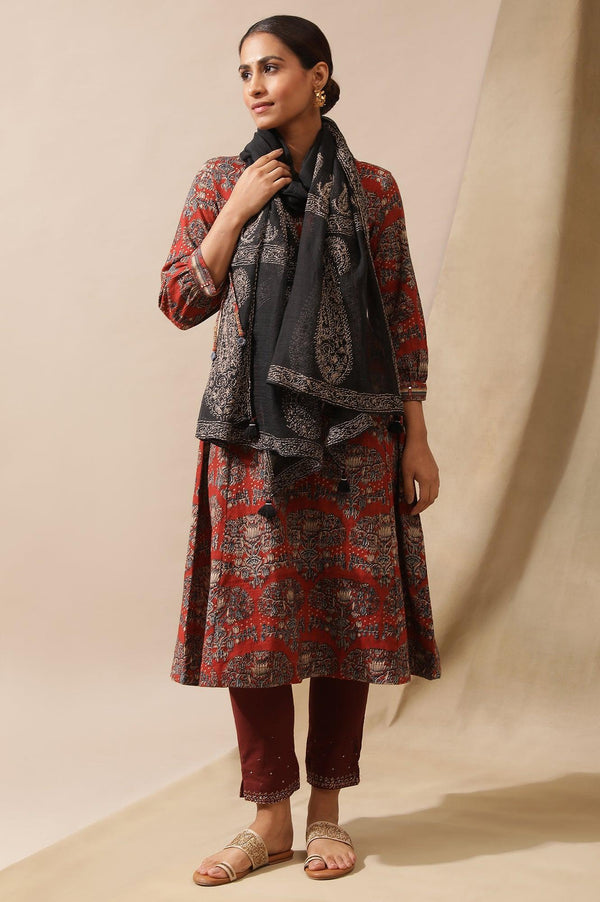 Jet Black Tepchi Embroidered Kota Drape