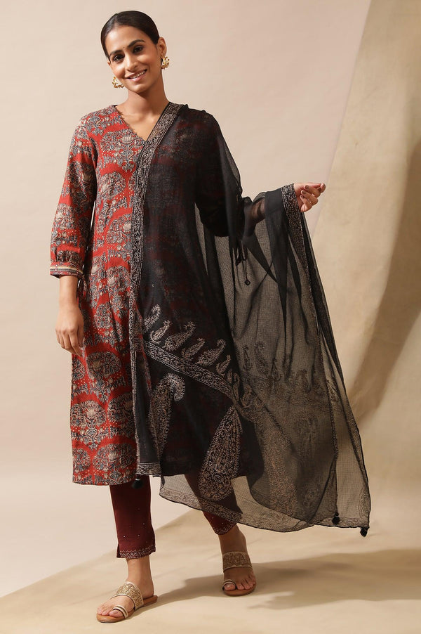 Jet Black Tepchi Embroidered Kota Drape