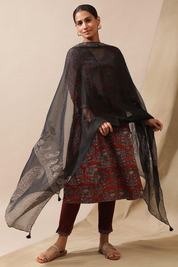 Jet Black Tepchi Embroidered Kota Drape