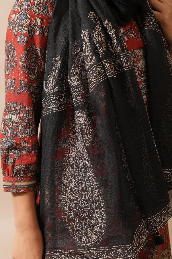 Jet Black Tepchi Embroidered Kota Drape