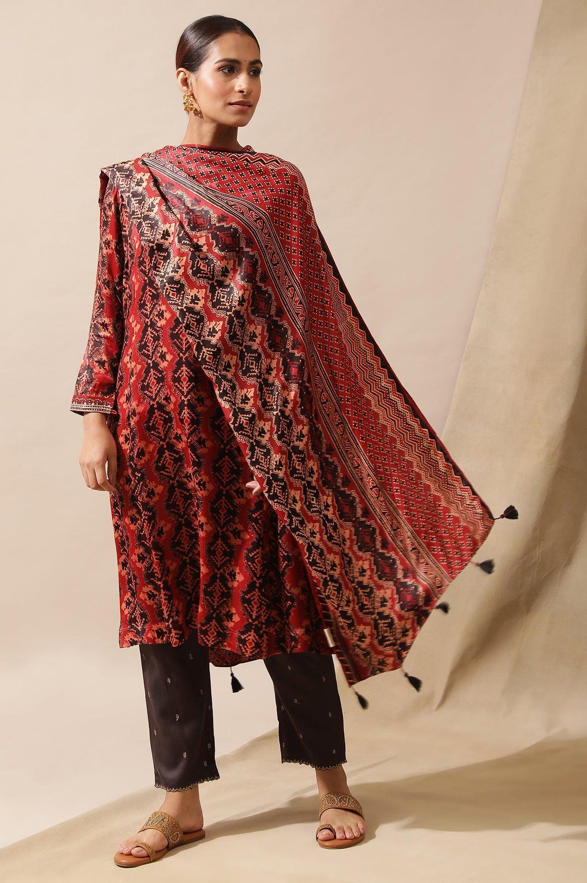 Brick Red Ajrakh Drape In Lustrous Satin - FS