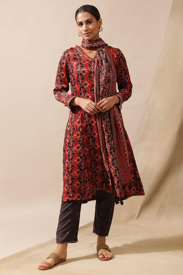 Brick Red Ajrakh Drape In Lustrous Satin