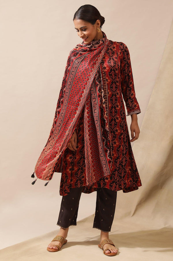 Brick Red Ajrakh Drape In Lustrous Satin