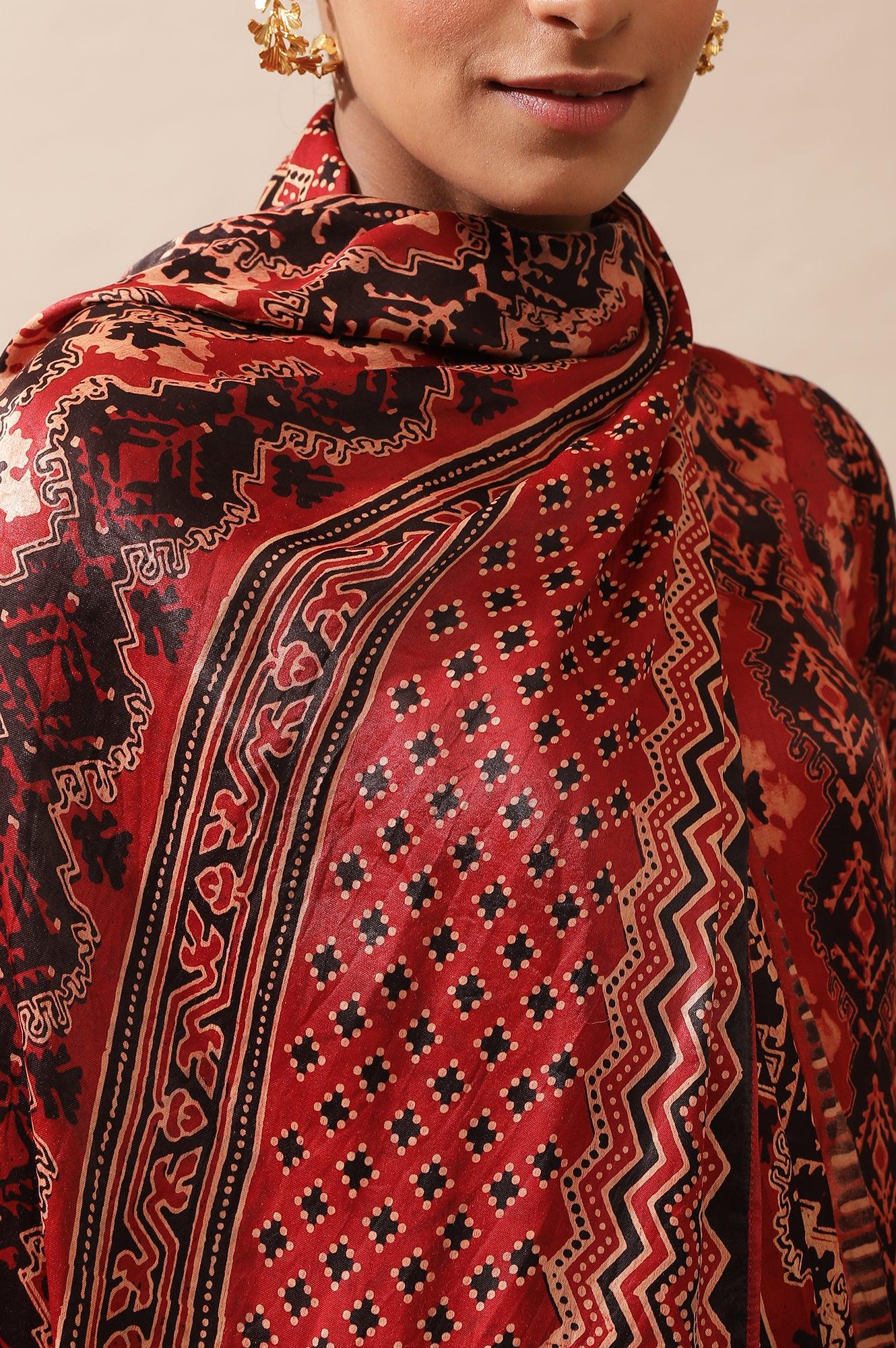 Brick Red Ajrakh Drape In Lustrous Satin - wforwoman