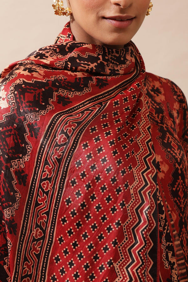 Brick Red Ajrakh Drape In Lustrous Satin