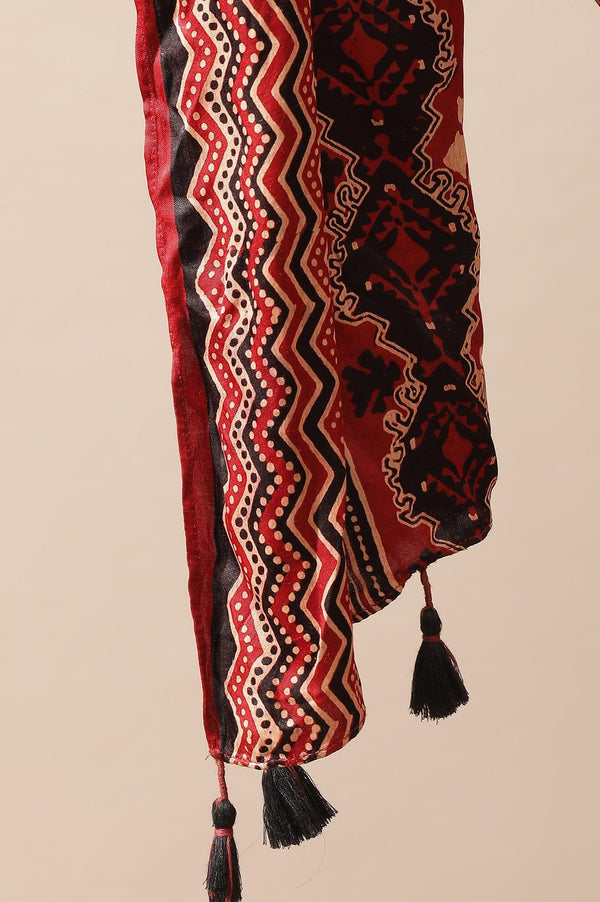 Brick Red Ajrakh Drape In Lustrous Satin