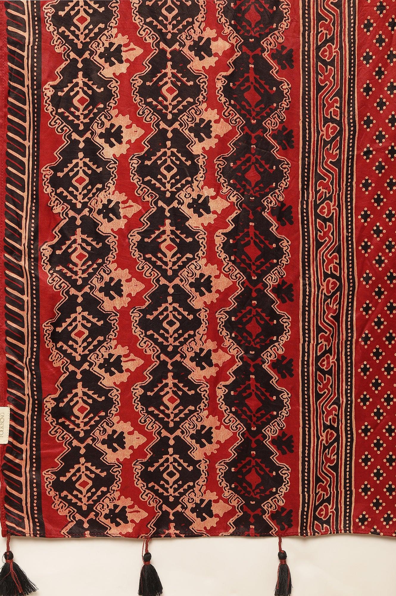 Brick Red Ajrakh Drape In Lustrous Satin - wforwoman