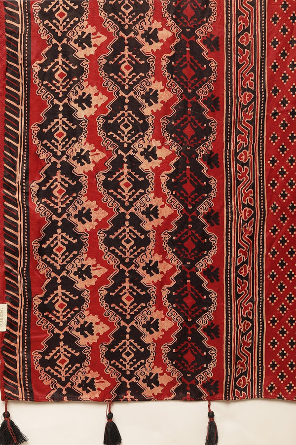 Brick Red Ajrakh Drape In Lustrous Satin