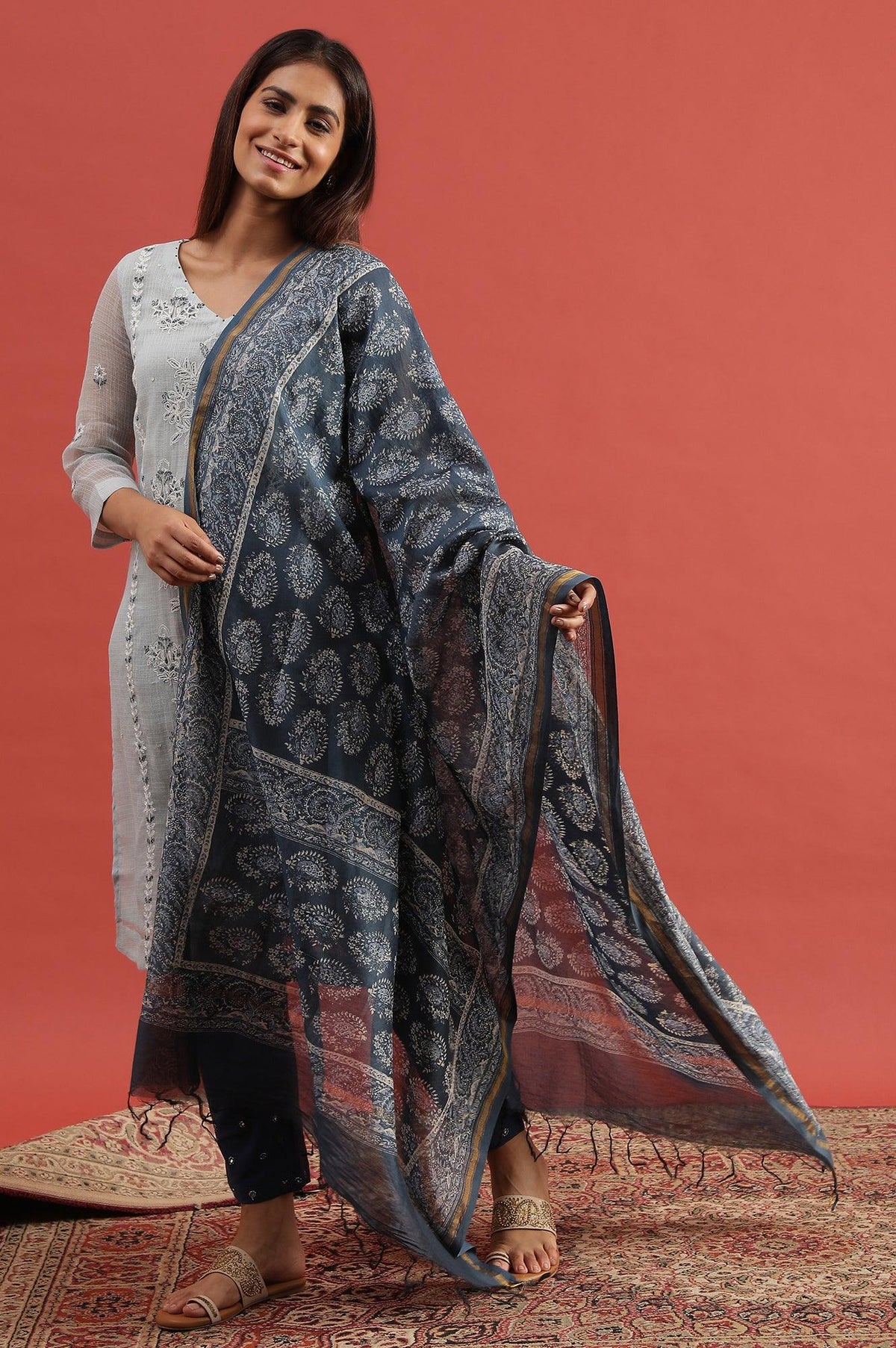 Blue Printed Cotton Silk Drape - FS