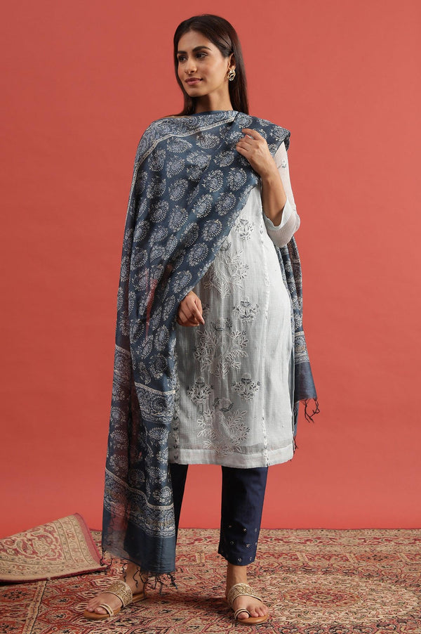 Blue Printed Cotton Silk Drape