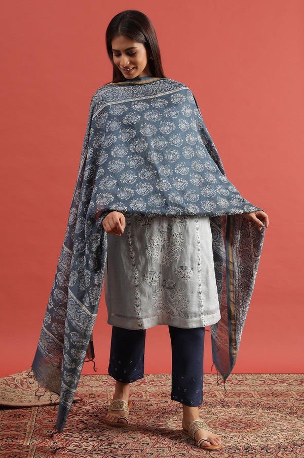 Blue Printed Cotton Silk Drape