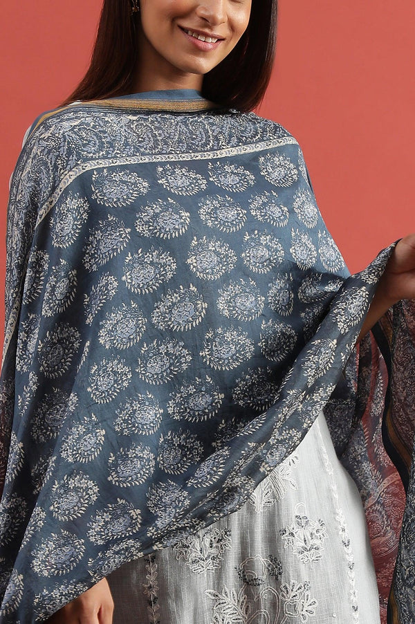 Blue Printed Cotton Silk Drape