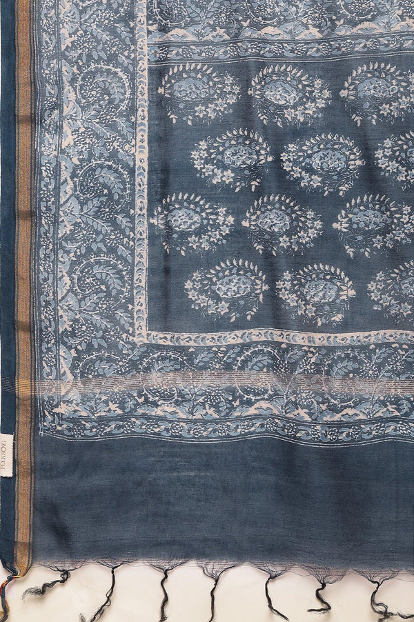 Blue Printed Cotton Silk Drape