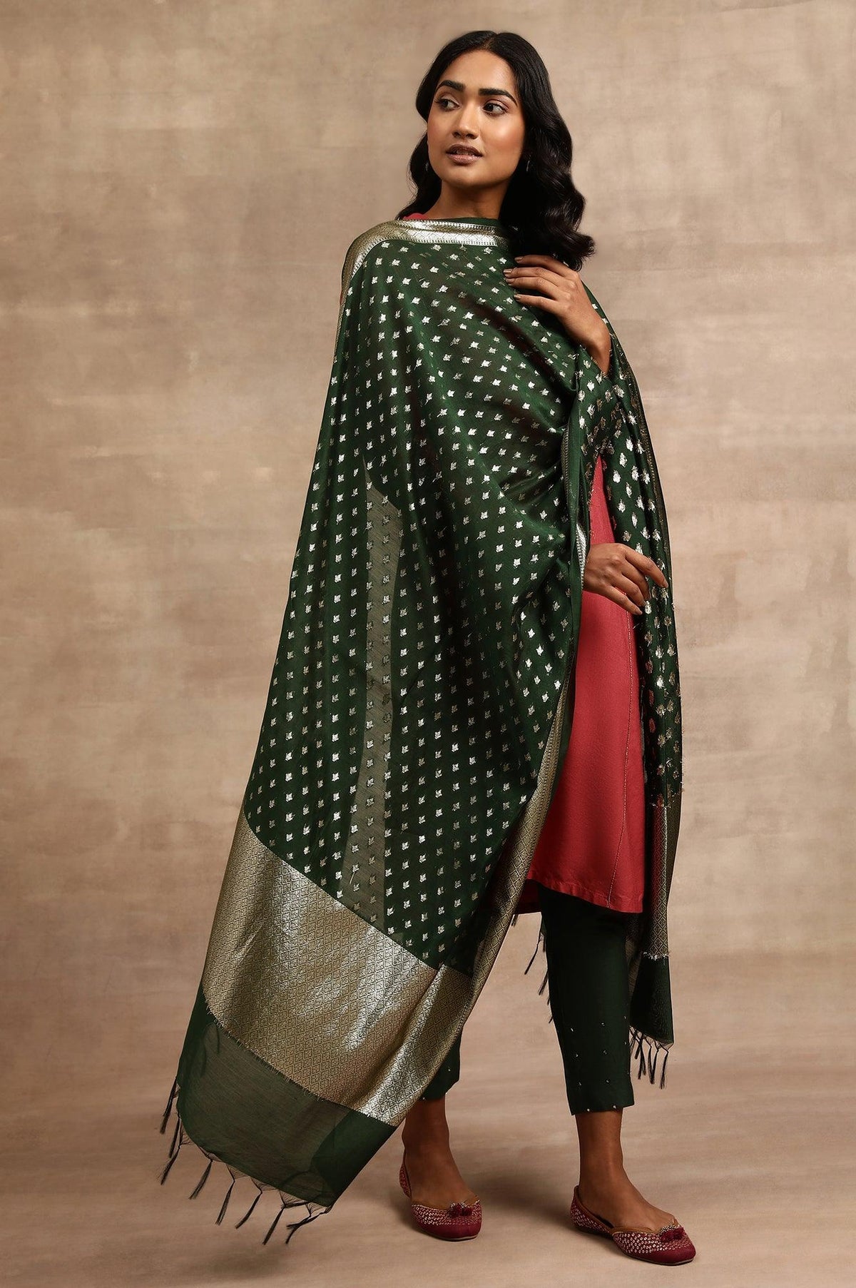 Green And Gold Jacquard Drape - FS