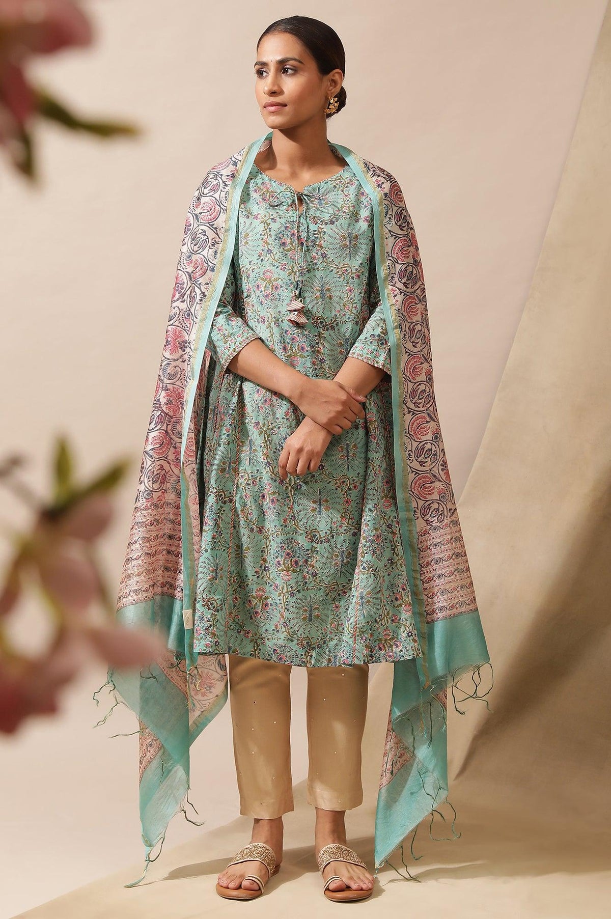 Green Multicolored Hand Block Print Drape - FS